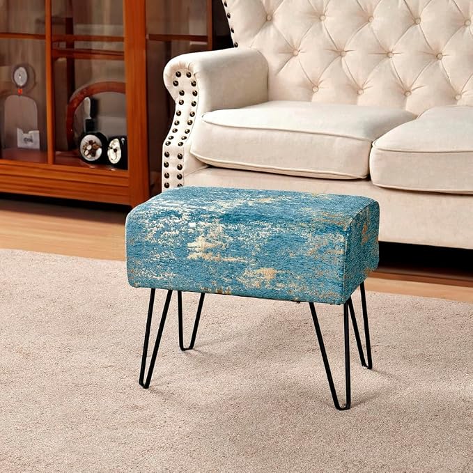 Home Soft Things Blue Jacquard Chenille Ottoman, Kasula-Turquoise, Fuzzy Entry - Image 9