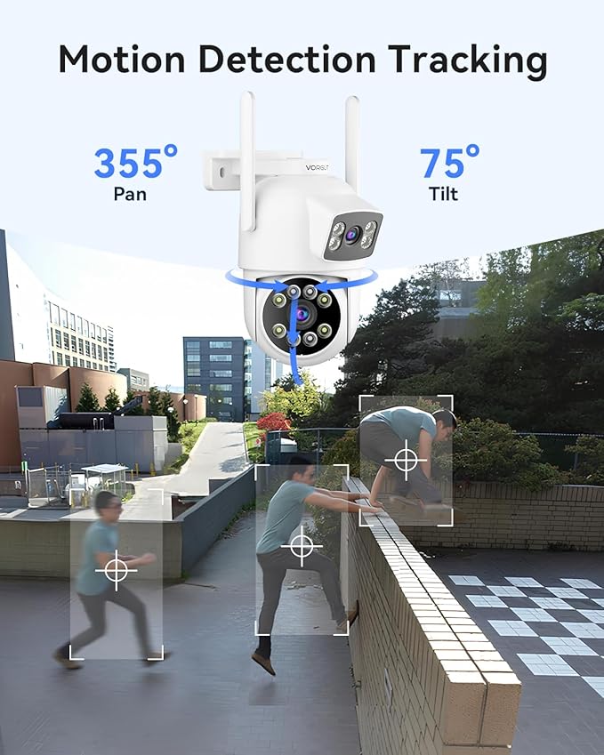VORGUT Security Camera System Wireless Outdoor with 12" Monitor, 2pcs 2K Dual Lens Cameras for Home & Business Surveillance, 360° PTZ, 2.4G/5G WiFi, Human Detection, Auto Tracking, 16CH NVR, 500G HDD