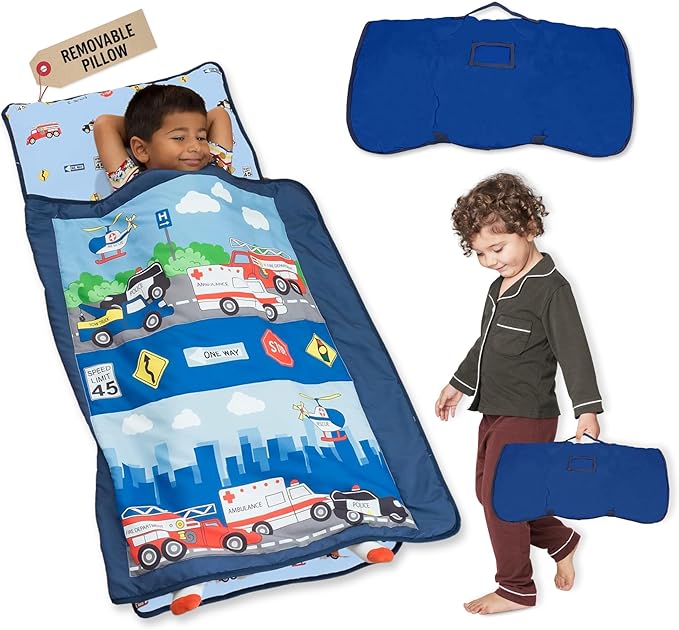 EVERYDAY KIDS Toddler Nap Mat with Removable Pillow -Fire Police Rescue- Carry Handle Fastening Straps Closure, Rollup Design, Soft Microfiber for Preschool, Daycare, Sleeping Bag -Ages 2-6 years