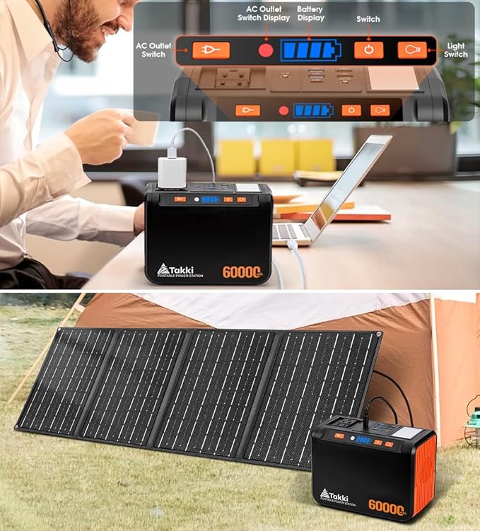 Takki Solar Generator 250W Portable Power Station with 40W Solar Panels 222Wh Pure Sine Wave Camping Lithium Battery Power Pack with AC 110V Outlet for Camping CPAP Home Use Emergency Outdoor
