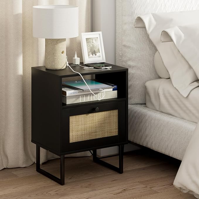 Masupu Extra Large Rattan Nightstand, Boho Night Stand Modern Farmhouse Wood by Masupu