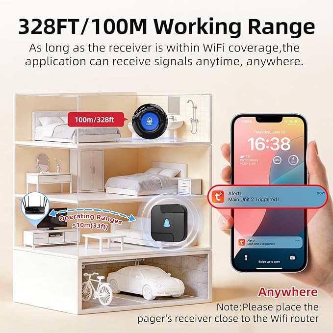 CallToU Wi-Fi Wireless Caregiver Pager Call Button for Elderly at Home, APP Emergency Alert Fall Help System for Seniors, Patients/Disabled Monitoring at Home