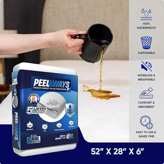 PEELAWAYS Crib-A-Peel Disposable Waterproof Crib Sheets - Super Absorbent Bedwetting Pads for Infants, Potty-Training, Spills, and More - 5 Layer 28" x 52" x 6"