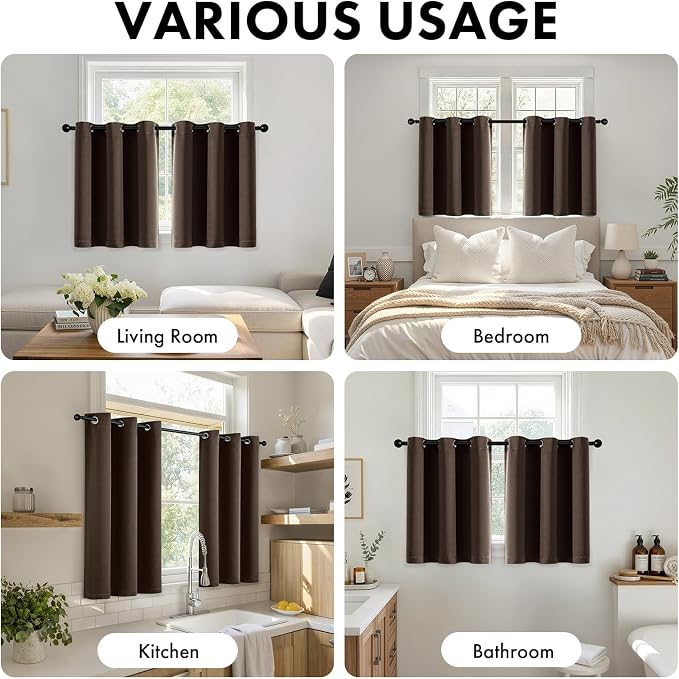 Short Chocolate Brown Blackout Kitchen Curtain W40 x L45 Inch | 2 Panels - Image 5