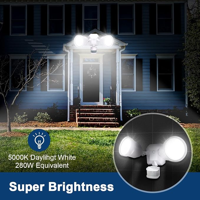 EMANER Motion Sensor Outdoor Lights, Dusk to Dawn Porch Flood Light 5000K, 4-Mode, 2800lm Wired Security Spotlight Wall Mount for Garage Porch Soffit Under Eave (2-Pack, White)