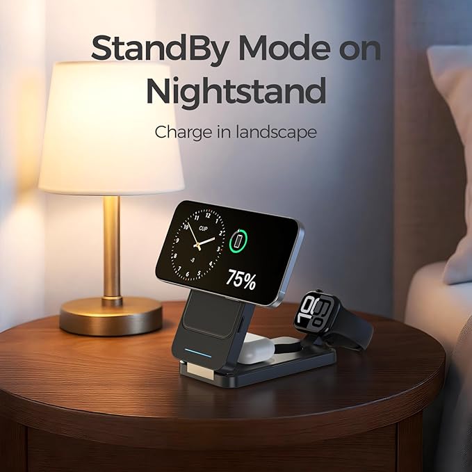 ANJANK 3 in 1 Portable Wireless Charging Station, 5000mAh Removable Mag-Safe Power Bank, Foldable Travel Magnetic Charger Stand for iPhone 17 16 15 14 13 12 Pro Max Plus, Apple Watch Series, AirPods