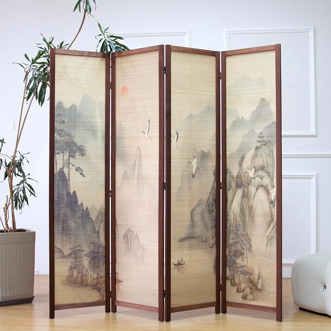 4 Panel Bamboo Room Divider, 5.6 ft Tall Double-Sided Folding Privacy Screen by Furnnylane