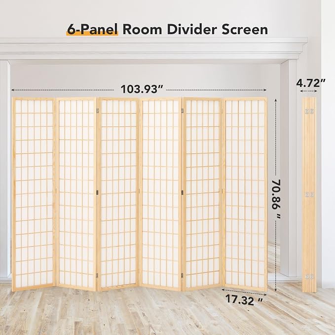 6Ft Room Divider Wall Shoji Screen, 6 Panel Folding Privacy Screen - Image 2