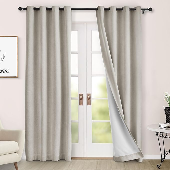 Macochico 100% Blackout Curtains Thermal Insulated Noise Reducing Chenille Curtains for Hotel Auditorium Bedroom Living Room Grommet Beige Curtains with Tieback Classic 52" Wx84 L 1 Panel