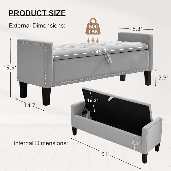 51" Storage Ottoman Bench, Velvet Large End of Bed Bench - Image 2