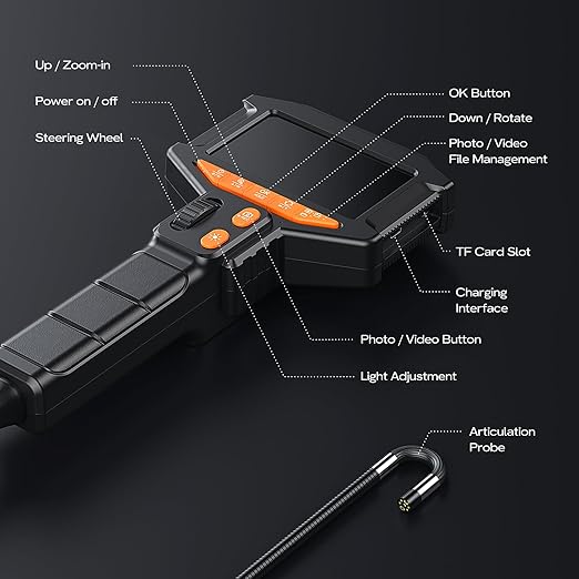 Two-Way Articulating Borescope Camera with Light: Industrial Endoscope Inspection Snake Camera - Flexible Bore Scope Cam with 0.33in Articulated Probe for Mechanic Automotive Engine Wall - 5.5FT