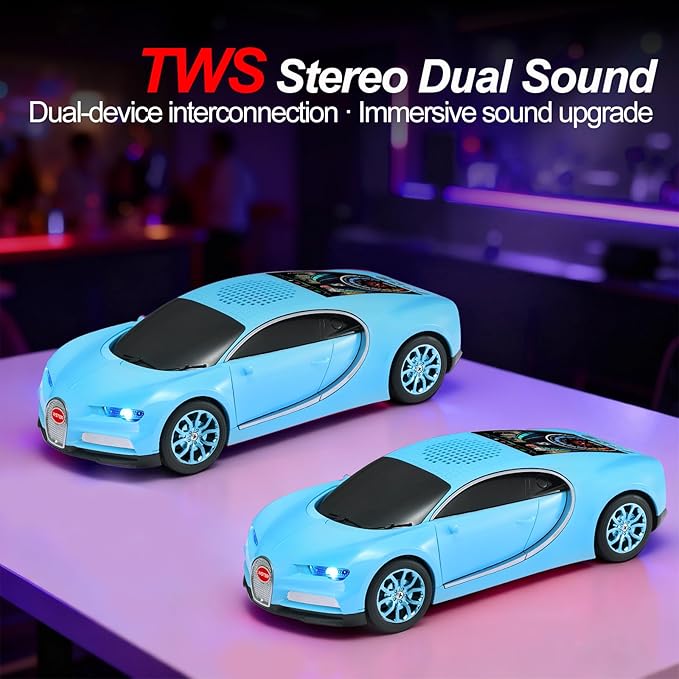 WSTER Luxury Sports Car Model Bluetooth Speaker with HD Sound, TWS Stereo Pairing, Display Screen, Built-in Microphone, Unique Bluetooth Car Speaker for Home, Party, Outdoor & Beach (Blue)
