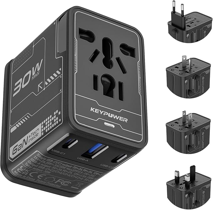Universal Travel Adapter 30W GaN, KEY POWER All-in-One International Power Adapter with 2 USB-C & 1 USB-A, Worldwide Plug Converter for EU/US/UK/AU in 200+ Countries