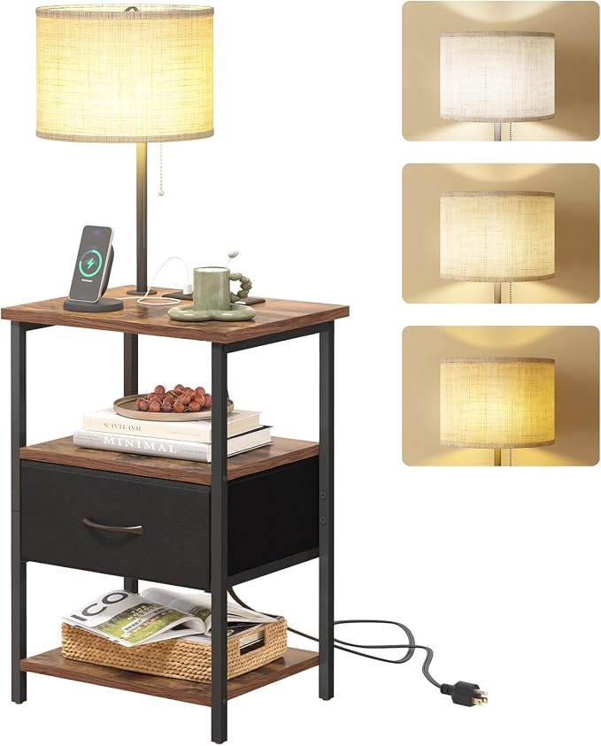 Fixwal Nightstand with Lights Bedside Table with 3 Color Temperatures Bulb by Fixwal