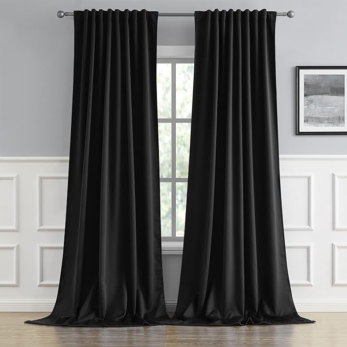 Black Blackout Curtains 105 Inch Long, 2 Panels 52W x 105L | Back Tab and Rod by DUALIFE