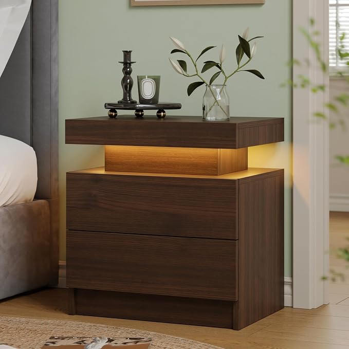 Modern Walnut LED Nightstand for Bedroom Bedside Table by Unknown