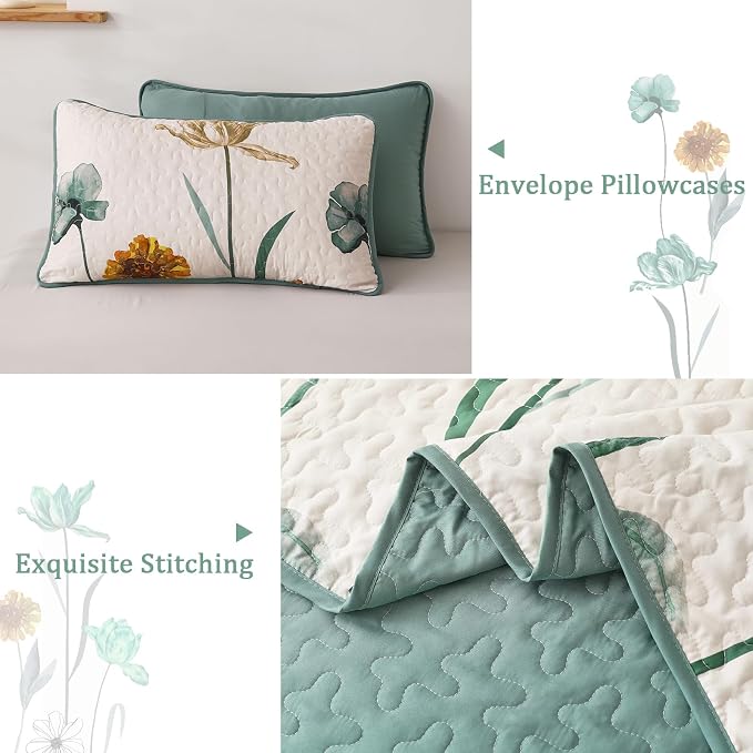 WONGS BEDDING Floral Quilt Set King Size, Aqua Botanical Coverlet | Farmhouse - Image 5