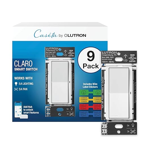 Lutron Claro Smart Light Switch for Caseta Lighting, for LED Lights, Fans, 5 Amp, Single-Pole/3-Way, Neutral Required, DVRF-5NSS-WH-9, White, 9 Pack