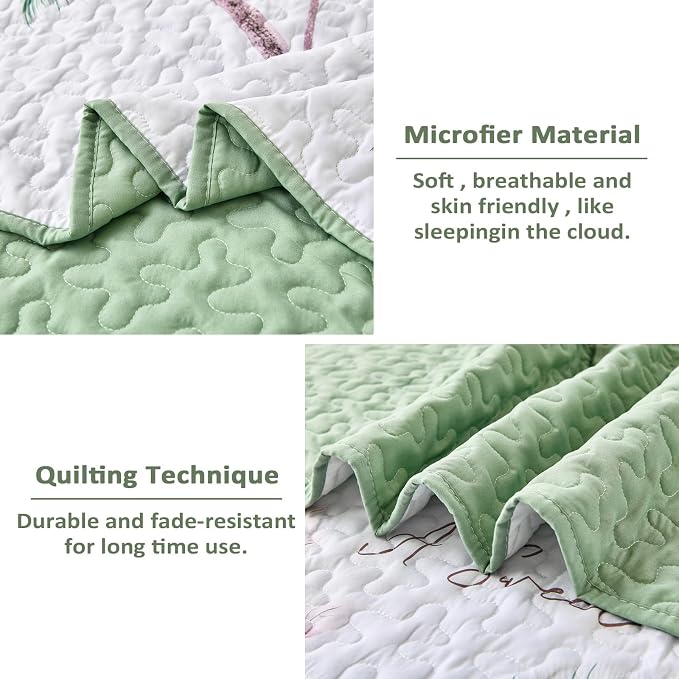 Dinjoy Floral Quilt Set Queen, 3 Pieces Sage Green Botanical Bedspreads | Soft - Image 5