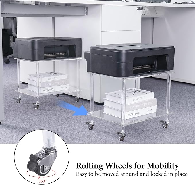 HMYHUM Acrylic Printer Stand - 2-Tier Under Desk Printer Table with Wheels - Multifunctional Rolling Cart for Office & Home, Clear
