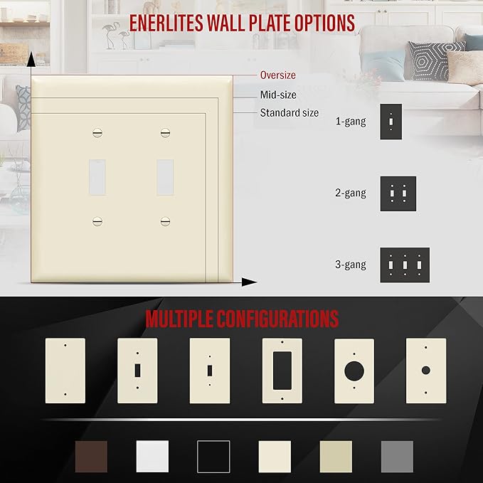 ENERLITES Jumbo Double Toggle Switch Cover, Two Gang Light Switch Wall Plate, Gloss Finish, Oversized 2-Gang 5.5" x 5.5", Unbreakable Polycarbonate Thermoplastic, UL Listed, 8812O-LA, Light Almond
