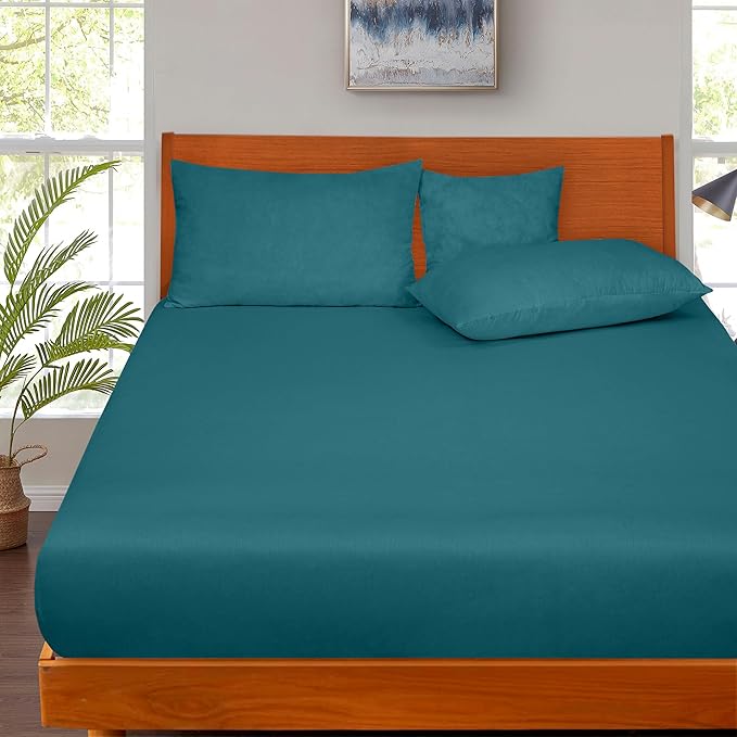 ROYALE LINENS 300 Thread Count 100% Long Staple Combed Cotton Fitted Sheet Queen - Super Soft Deep Pocket Bottom Sheet - Fitted Sheets Only - Elastic Sheets (Queen, Teal)