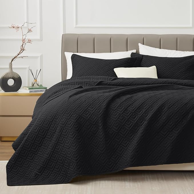 EXQ Home Quilt Set Queen Size Summer Squares Pattern Black Bedspread | Bedding by EXQHomeTexitleCoLtd