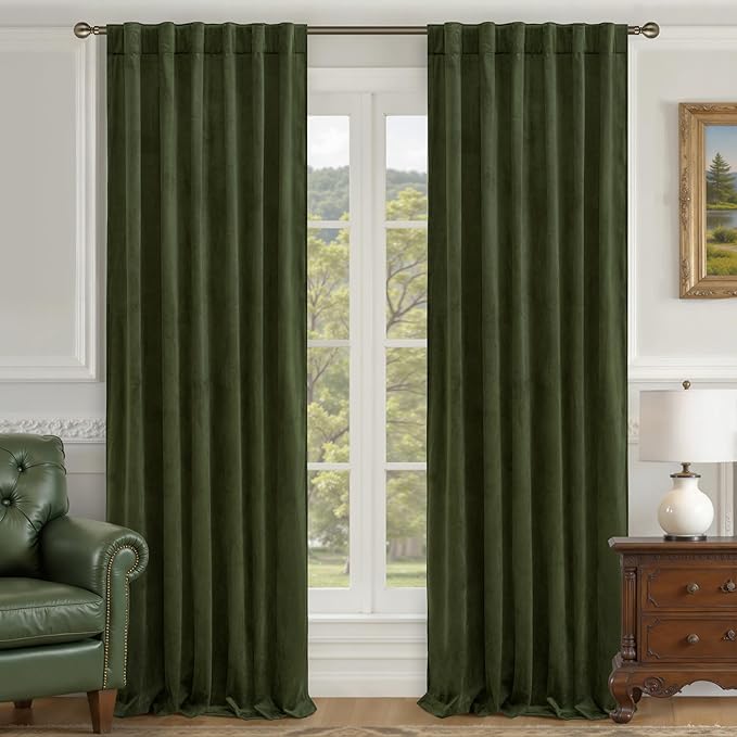 LAMIT Olive Green Velvet Curtains 84 Inch for Living Room, Luxury Thermal Insulated Blackout Curtains Room Darkening Back Tab and Rod Pocket Window Drapes for Bedroom, 2 Panels, 52 x 84 Inch
