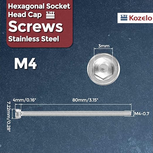 Kozelo 25pcs Socket Head Cap Screws - [M4-0.7 x 80mm] 304 Stainless Steel Allen Socket Drive for Electrical Motor 3D Printing Fan Engine Replacement Use, Silver
