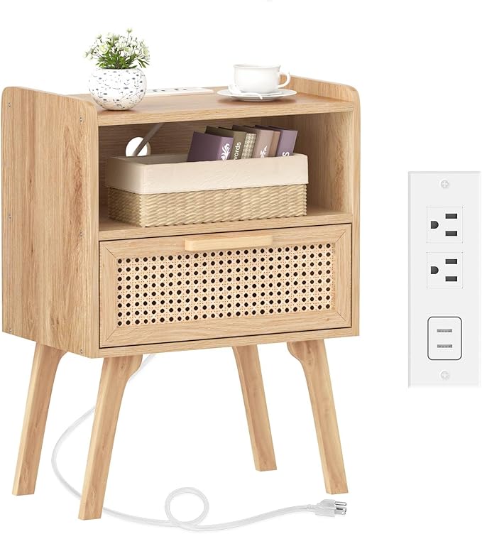 Lerliuo Rattan Nightstand with Charging Station, Boho Night Stand | Handmade by Lerliuo
