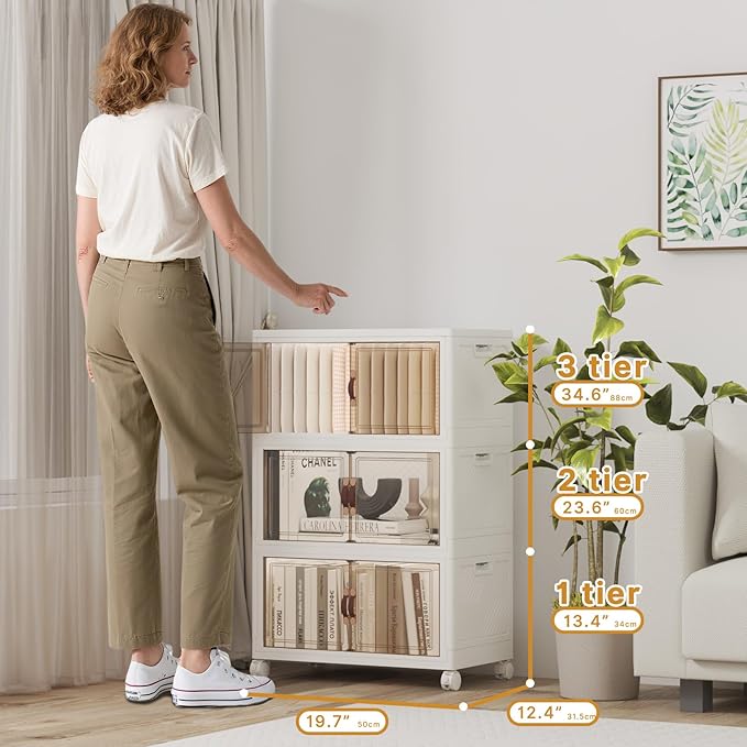 Extra Large Stackable Storage Bins with Lids & Wheels, Foldable Plastic Storage Bins (White, 19.7"×12.4"×33.4")