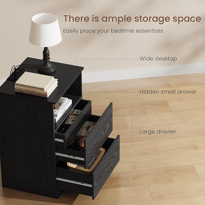 Nightstands Set of 2 with Charging Station, LED Lights, Hidden Drawer, Modern - Image 4