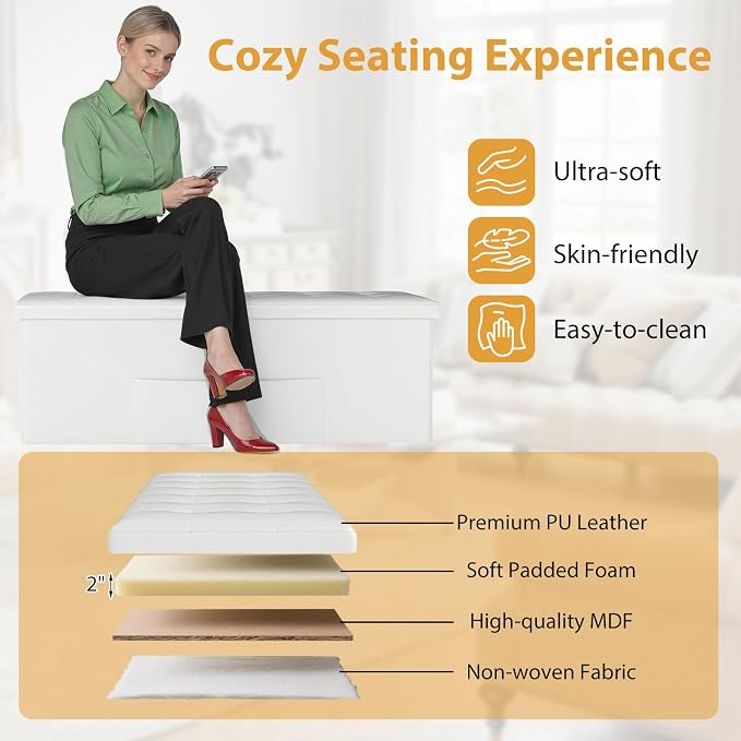 Giantex 43 Inches Folding Storage Ottoman Bench, Upholstered PU Leather Storage - Image 5