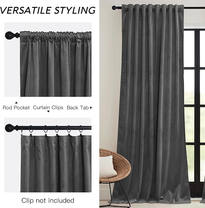 RYB HOME Grey Velvet Blackout Curtains 90 inches - Image 4