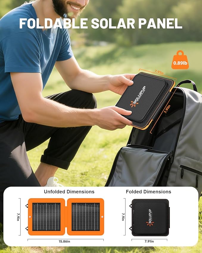 SOLUPUP Solar Panels, 10W Small Solar Charger with 5V USB-A and USB-C Fast Charging IPX5 Waterproof Foldable Portable Solar Panel for Camping, Hiking Compatible with iPhone, iPad, Power Banks