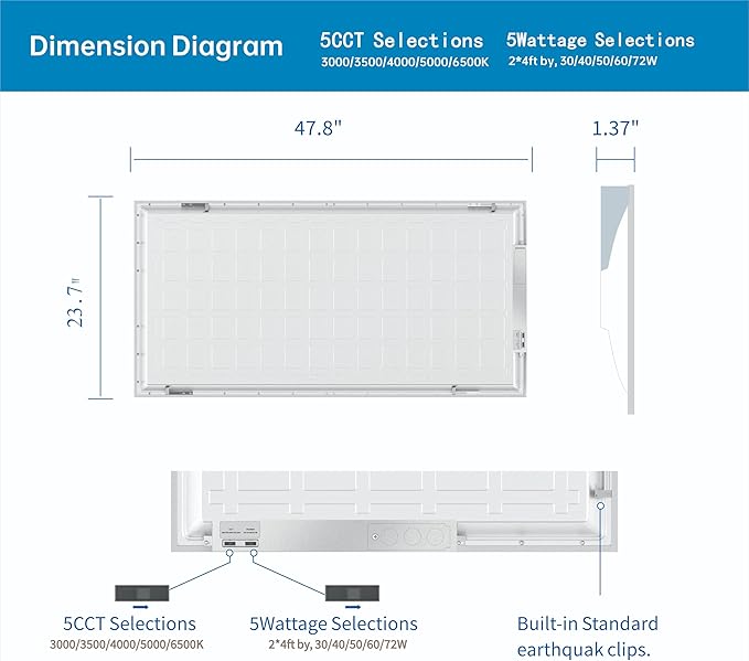 2x4 FT LED Light Flat Panel, 40-72W, 5 CCT 3K | 3.5K | 4K | 5K | 6.5K, Dimmable Recessed Drop Ceiling Lights, 3750/5000/6250/7500/9000 Lumens, Lay in Fixture for Office, 120-277V, UL DLC(54 Pack)