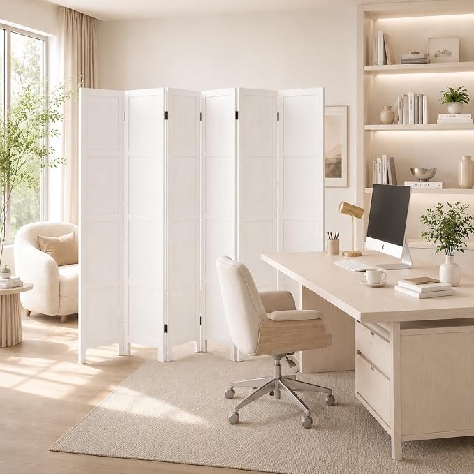 6 Panel Solid Wood Room Divider Folding Privacy Screen White | Freestanding - Image 9