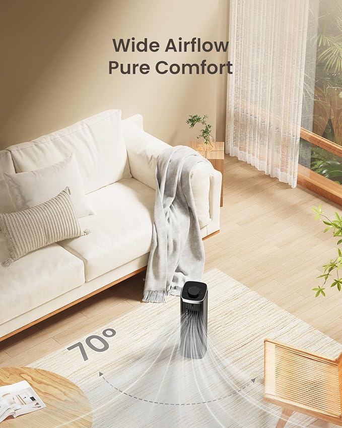 PNTCK Fan for Bedroom, 13" Tower Fan, 3 Speeds Max 23ft/s, 70° Oscillating Desk Fan, Bladeless Standing Fan, Portable Fans, 2025 New Cooling Fans for Office, Home