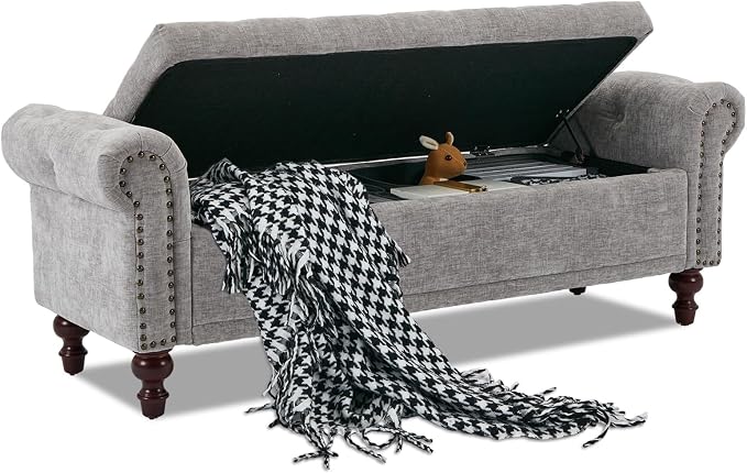 SOFTHION 58.1" Storage Bench for Bedroom, Chenille Upholstered, Light Grey | by SofthionDesign
