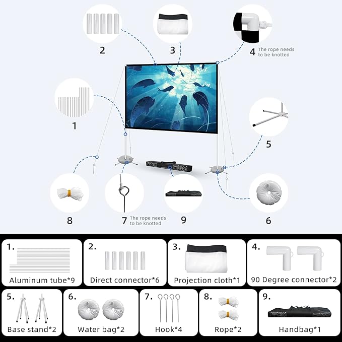 Projector Screen Outdoor Portable Movie: 120 inch Foldable Projection Screen with Stand Legs and Carry Bag for Camping Party