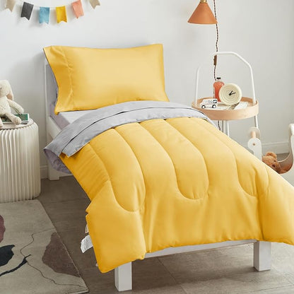 UOZZI BEDDING Yellow 4 Pieces Toddler Bedding Set Ultra Soft and Breathable Toddler Sheet Set - Includes Comforter, Flat Sheet, Fitted Sheet and Pillowcase (Yellow with Gray)