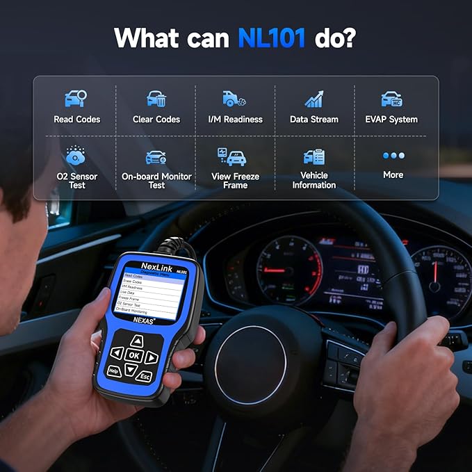 NEXAS NL101 OBD2 Scanner with Battery Tester - Check Engine Code Reader, Car Diagnostic Scanner with Live Data, Freeze Frame, I/M Readiness for All US Vehicles Since 1996
