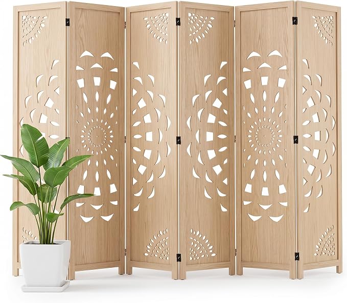 6 Panel Room dividers, 66.9" Boho Double-Sided Carved Screen, Natural | by Shinkael