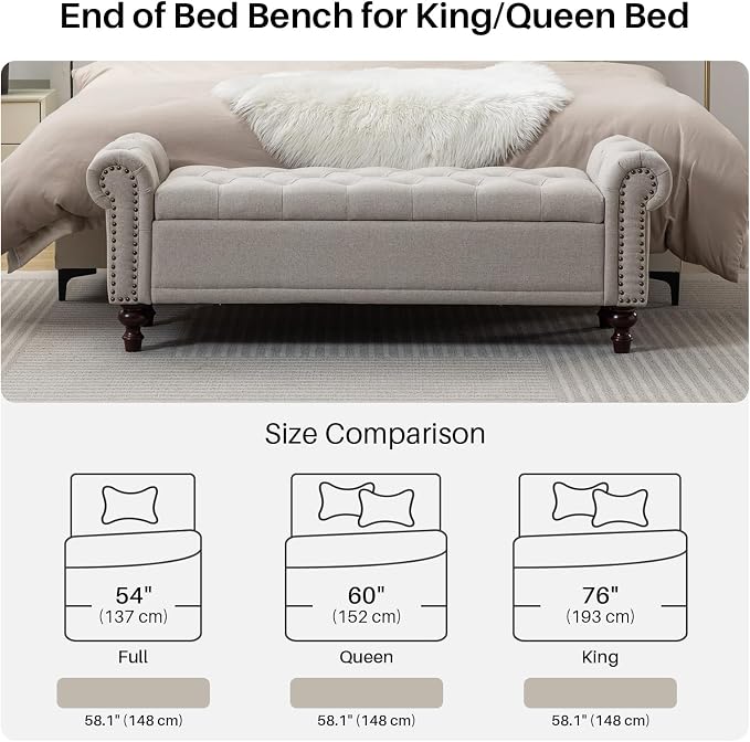 SOFTHION 58.1" Storage Bench for Bedroom, Linen Upholstered, Light Brown | End - Image 5