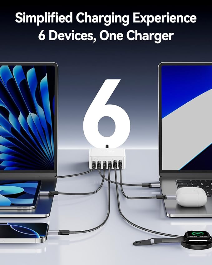 270W USB C Charger Block, Rocoren 6 Port Multi USB-C Charging Station,100W PD Fast USBC Gan Charger Station Hub Dock for Multiple Devices, Laptop Type C for MacBook/iPhone 17/iPad/Galaxy S25 (White)