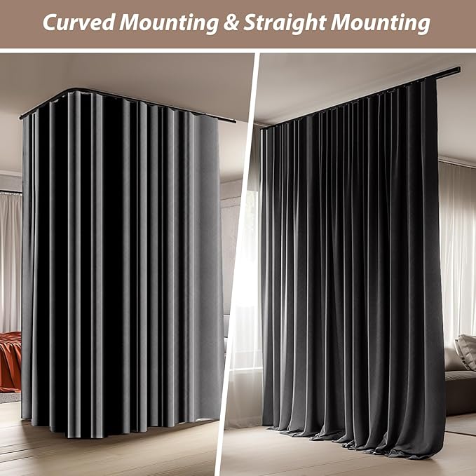 Room Divider Curtains with Ceiling Curtain Track Set Window Curtain for Bedroom,Living Room Total Blackout Thermal Insulated Privacy Ceiling Track Curtain W 9 × H 7 FT Grey drape&Black track