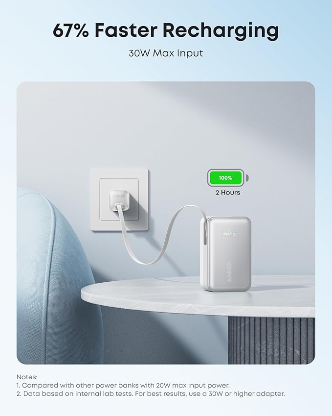 Anker Nano Portable Charger, 10,000mAh 45W Max Compact Power Bank, Travel Essential Phone Battery Pack with 2.3 ft InstaCord Retractable Cable for iPhone 17/16 Series, iPad, Galaxy, Pixel, and More