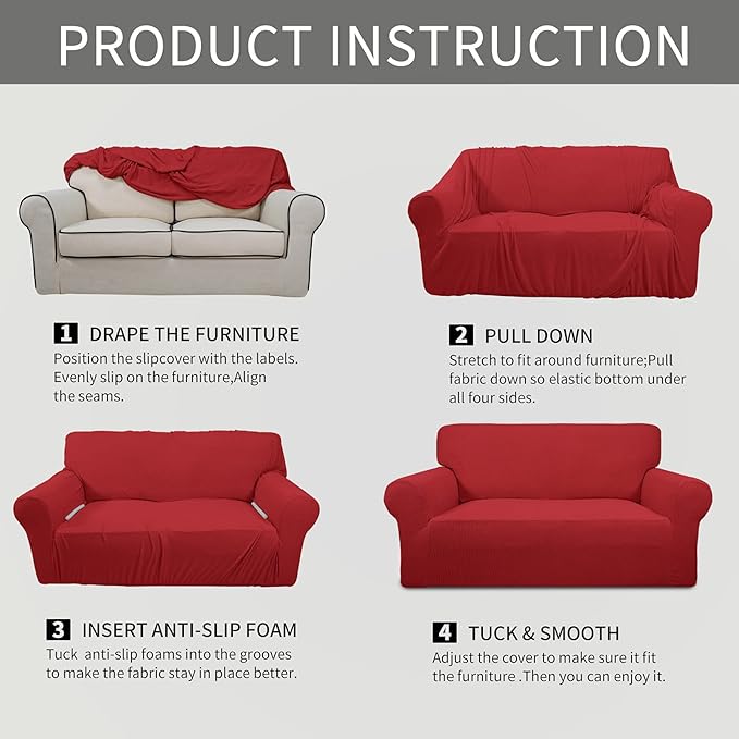 Easy-Going Stretch Oversized Loveseat Slipcover 1-Piece Sofa Cover Furniture Protector Couch Soft with Elastic Bottom for Kids Polyester Spandex Jacquard Fabric Small Checks Christmas Red