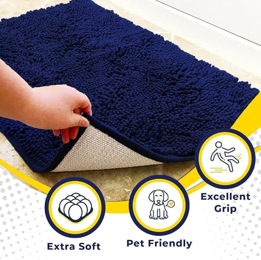 Muddy Mat® AS-SEEN-ON-TV Highly Absorbent Microfiber Dog Door Mat and Pet Rug, Non Slip Thick Washable Area and Bath Mat Soft Chenille for Kitchen Bathroom Bedroom and Indoor- Navy Blue Runner 24"X60"