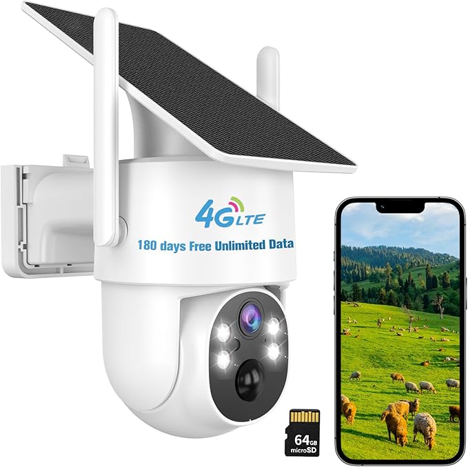 Kweiugfi 4G LTE Cellular Security Camera Outdoor,365 Days Unlimited Data,Wireless Solar Security Camera,2K Color Night Vision,360° Live View,Real-time Alerts,Motion Sensor,64G TF Card, No WiFi Needed
